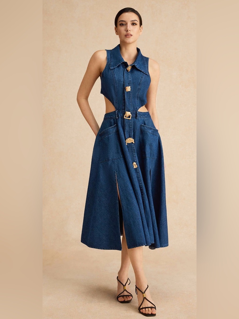 Dark Blue Cutout Denim Midi Dress - Women - Picture 3 of 4
